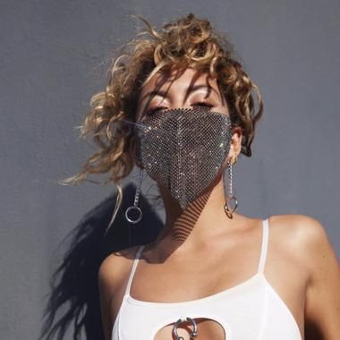 Trendy clothing ideas face jewelry mask, fashion accessory, surgical mask, photo shoot, brown hair, long hair: Long hair,  Brown hair,  Fashion accessory,  Surgical Mask,  Corona Virus Dresses  