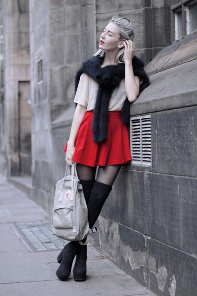 Colour combination kanken fjallraven fog fjällräven, street fashion: Knee highs,  Street Style,  Red Outfit,  Thigh High Socks  