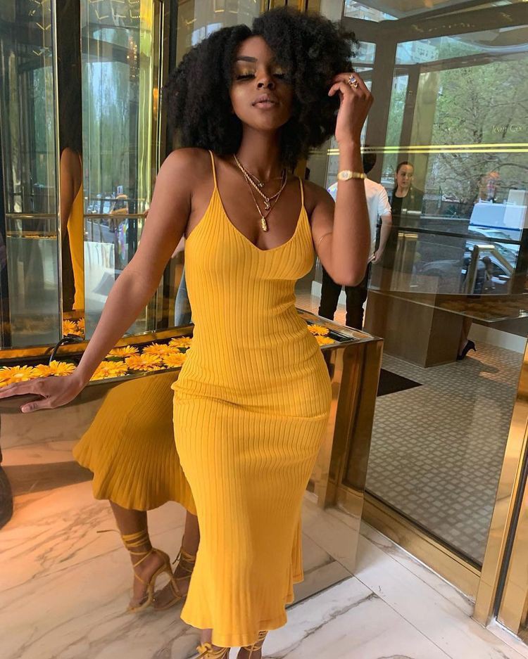 Black girl summer outfits yellow: Bodycon dress,  fashion model,  Maxi dress,  yellow outfit  