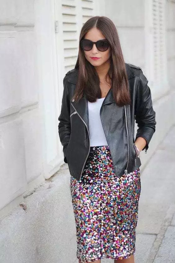 Sequin skirt outfit ideas sequin maxi skirt, leather jacket: Leather jacket,  Sequin Dresses,  Street Style,  White And Pink Outfit  