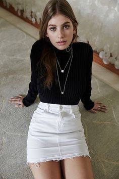 Black and white colour outfit, you must try with denim skirt, shirt, skirt: Denim skirt,  fashion model,  T-Shirt Outfit,  Black And White Outfit  