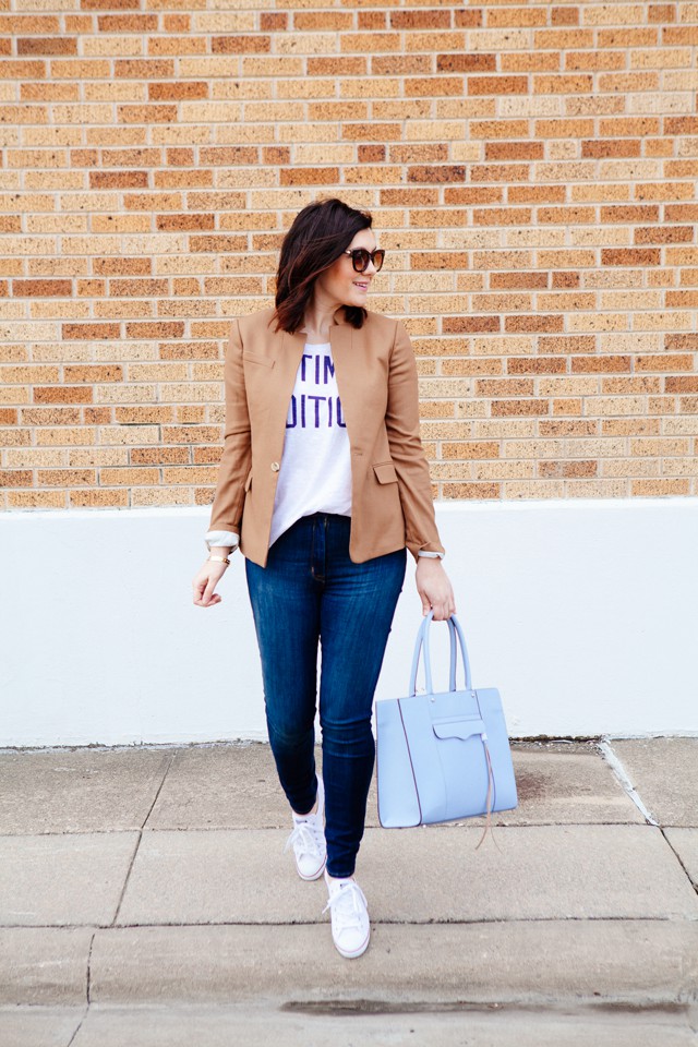 White and blue colour combination with fashion accessory, blazer, denim: Casual Outfits,  T-Shirt Outfit,  Fashion accessory,  Street Style,  White And Blue Outfit,  Brown Blazer  