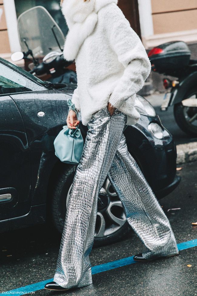 Metallic pants street style paris fashion week, parachute pants: Fashion week,  Sequin Dresses,  Parachute pants,  Street Style,  Paris Fashion Week  