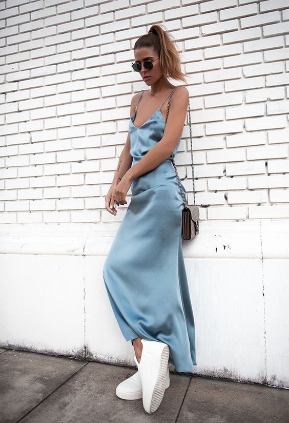 Silk dress street style, cocktail dress, street fashion, slip dress: Cocktail Dresses,  Slip dress,  Street Style,  Turquoise And White Outfit  