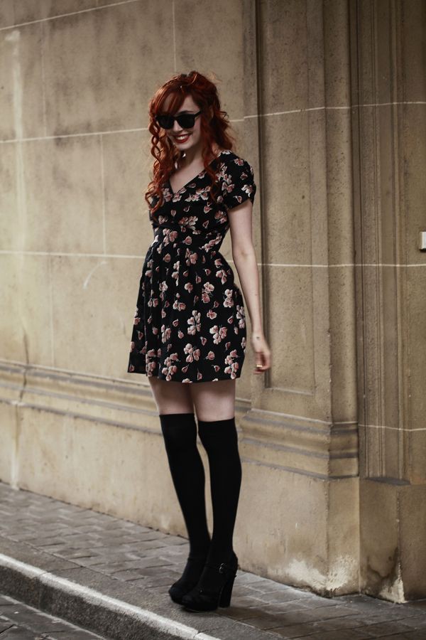 Black instagram dress with miniskirt, stocking, sweater: fashion model,  Grunge fashion,  Black Outfit,  Knee highs,  Thigh High Socks  