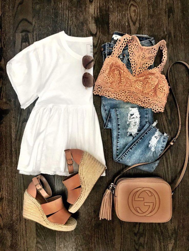 IG: MrsCasual | White peplum top, lace bralette, jeans, wedges, & Gucci bag #out... | Summer Outfit Ideas 2020: Jeans,  Top,  Outfit Ideas,  summer outfits,  bag,  White Outfit,  Gucci,  Casual Outfits,  bralette,  Bralette Outfits  