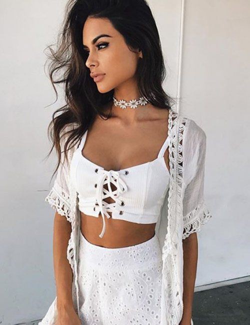 Women's White Ribbed Sexy Lace Up Cami Crop Top | Summer Outfit Ideas 2020: Top,  Outfit Ideas,  summer outfits,  White Outfit,  Womens clothing,  Sexy Girl  