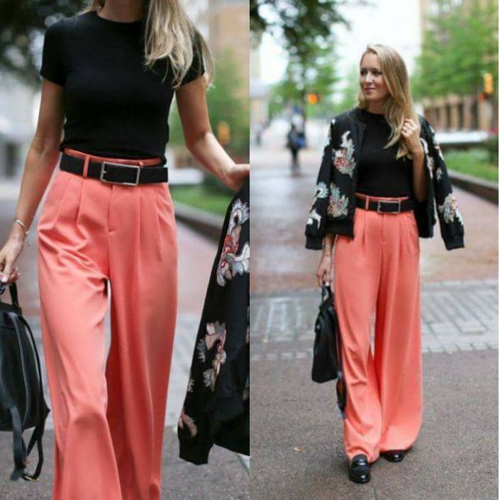 Womens coral pants outfit, business casual, street fashion, palazzo pants, navy blue, crop top: Crop top,  Business casual,  Navy blue,  Palazzo pants,  Street Style,  Orange Outfits,  Navy Blue And Orange Outfit  