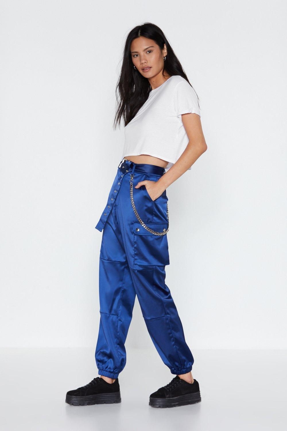 Colour ideas blue satin pants, electric blue, cargo pants, nasty gal: Electric blue,  Nasty Gal,  Silk Pant Outfits  