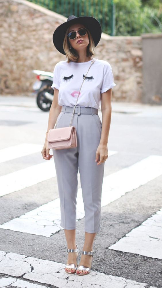 Brown and white colour outfit with dress shirt, trousers, sweater: Crew neck,  shirts,  T-Shirt Outfit,  Street Style,  Brown And White Outfit  