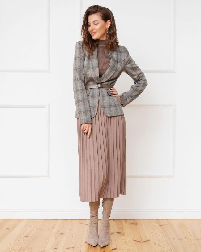Colour outfit, you must try skirt with blazer, casual wear: Skirt Outfits,  Beige And Brown Outfit  