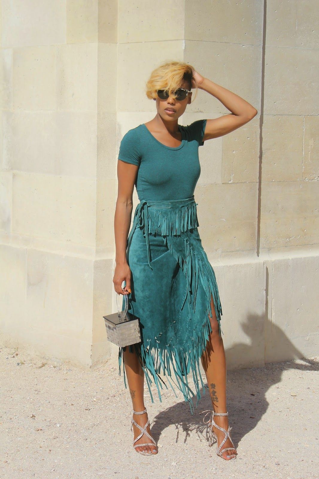 Turquoise attire ideas with: fashion model,  Turquoise And Aqua Outfit,  Fringe Skirts  