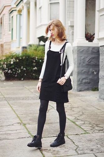 Winter black overall dress outfit: winter outfits,  T-Shirt Outfit,  Street Style,  Jumper Dress  