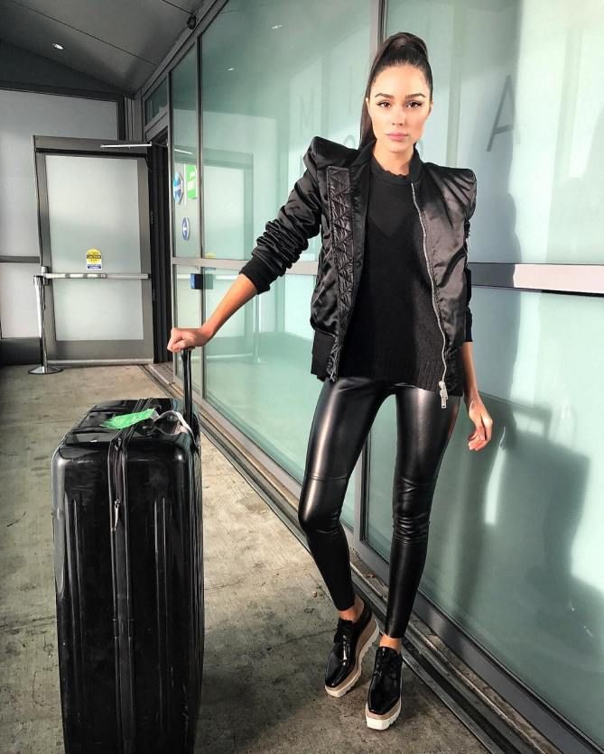 Black leather legging outfit ideas: Leather jacket,  Flight jacket,  Little Black Dress,  Airport Outfit Ideas  