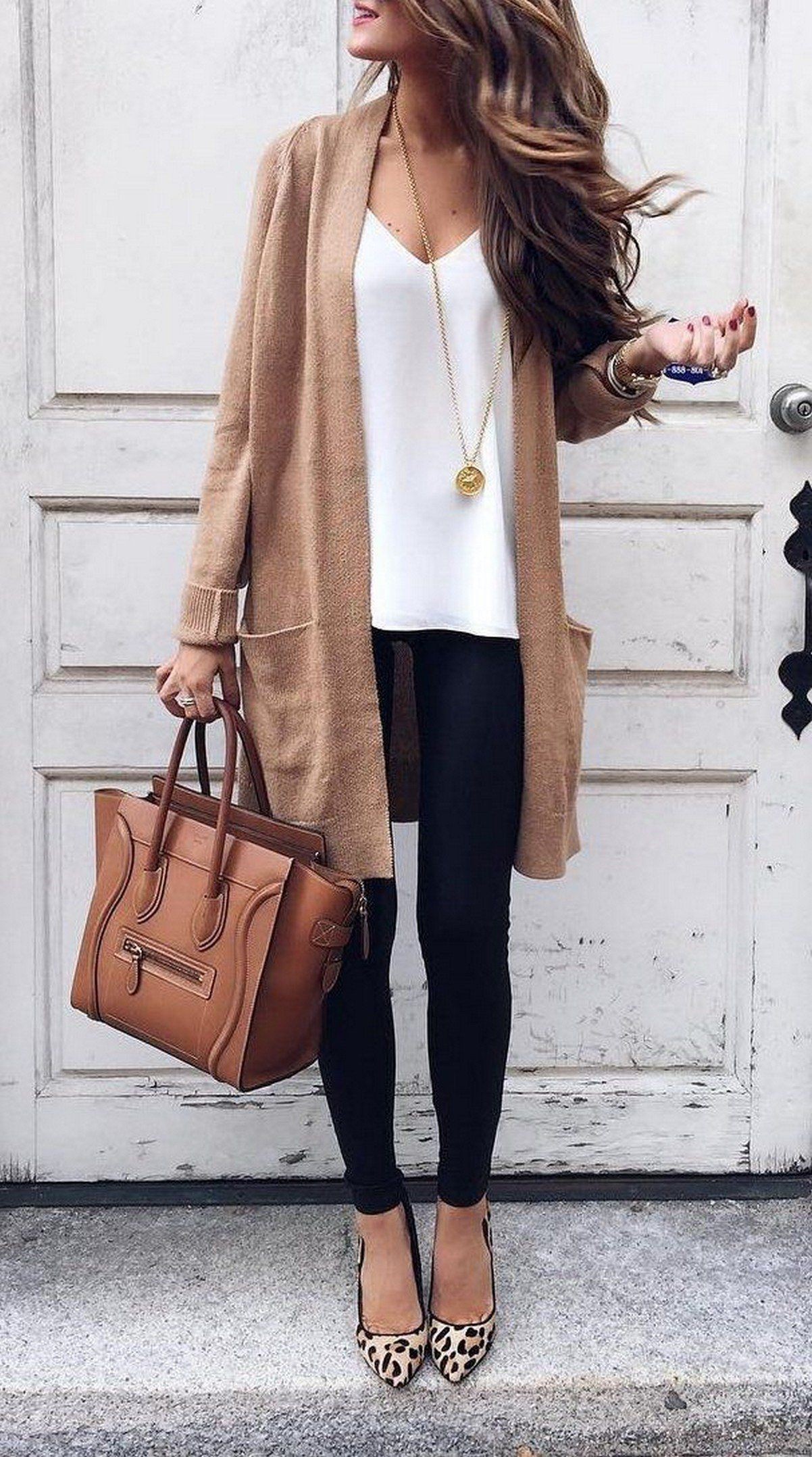 Fall outfits for women, empire silhouette, street fashion, petite size, casual wear: Petite size,  Street Style,  Brown And White Outfit,  Cardigan Outfits 2020  