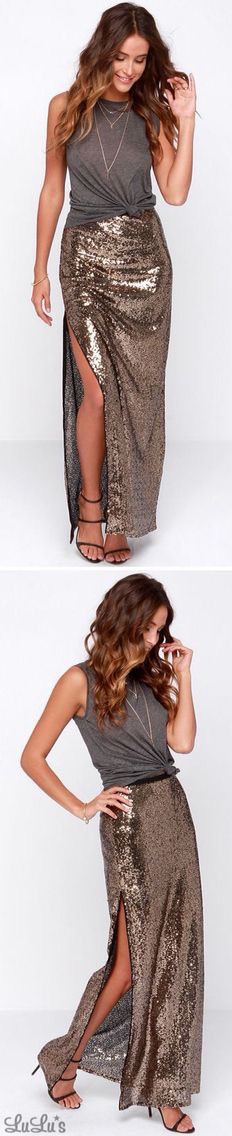 Beige and brown colour ideas with cocktail dress, skirt: Cocktail Dresses,  Beige And Brown Outfit,  Sequin Maxi Skirt  