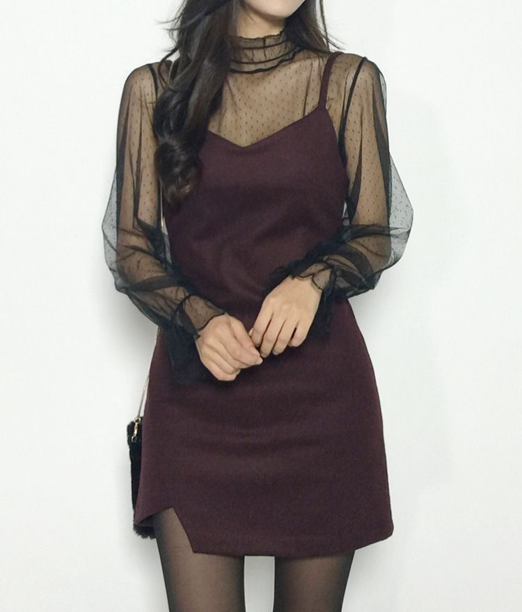 Korean ootd formal dress little black dress, evening gown: party outfits,  Evening gown,  Maroon And Brown Outfit,  Sheer Dresses  
