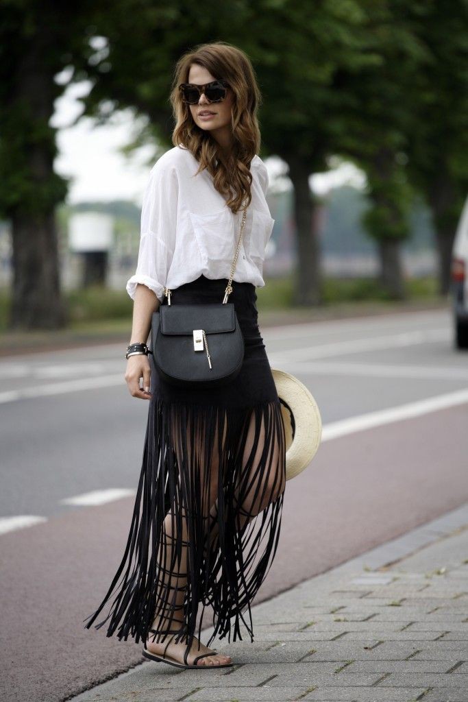 White colour outfit with fashion accessory, crop top, skirt | Fringe ...