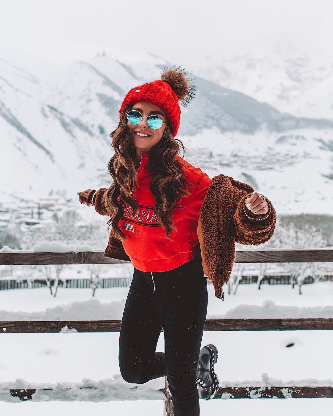 Red dresses ideas with beanie, fur: Red hair,  Red Outfit,  Hiking Outfits,  BEANIE  