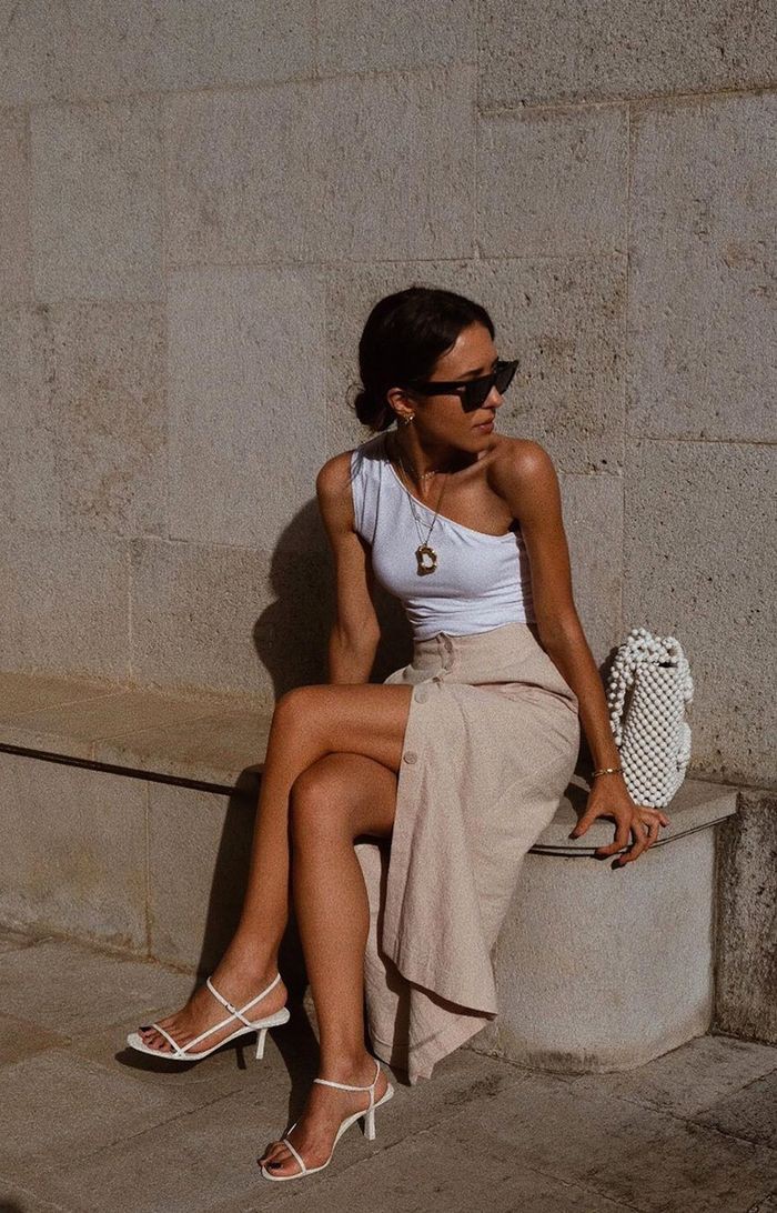 White strappy heels style strappy wedge sandal, sleeveless shirt: Sleeveless shirt,  Hot Girls,  Skirt Outfits,  White Outfit,  Street Style  