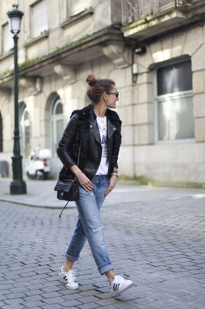 Adidas shoes with leather jacket: Leather jacket,  White Outfit,  Adidas Superstar,  Street Style,  Travel Outfits  