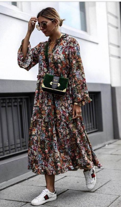 Long dresses with trainers, street fashion, fashion model, casual wear, maxi dress: fashion model,  Maxi dress,  Street Style,  Travel Outfits,  Brown Outfit  