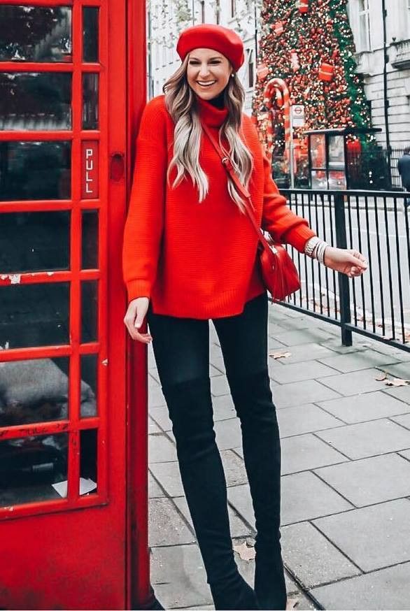 Maroon and orange colour dress with sweater, blazer, skirt: Polo neck,  Street Style,  Outfits With Beret,  Turtleneck Sweater Outfits  