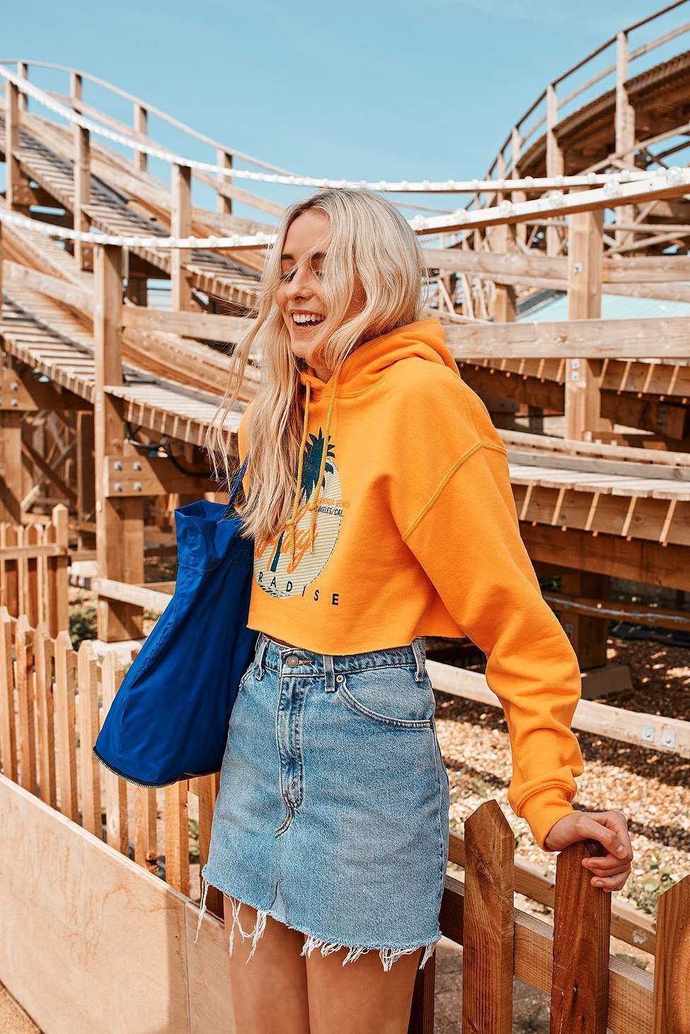 Hoodie and denim skirt outfit: Denim skirt,  Pencil skirt,  Orange And Yellow Outfit,  Hoodie,  Hoodie outfit  