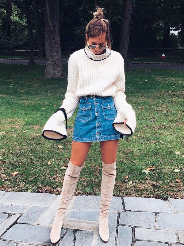 Turquoise and white clothing ideas with denim skirt, miniskirt, uniform: Denim skirt,  Polo neck,  Street Style,  Turquoise And White Outfit  