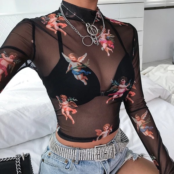 See through shirt women korean: Crop top,  Sheer fabric,  T-Shirt Outfit,  Temporary Tattoo,  Black hair,  Mesh Outfits  