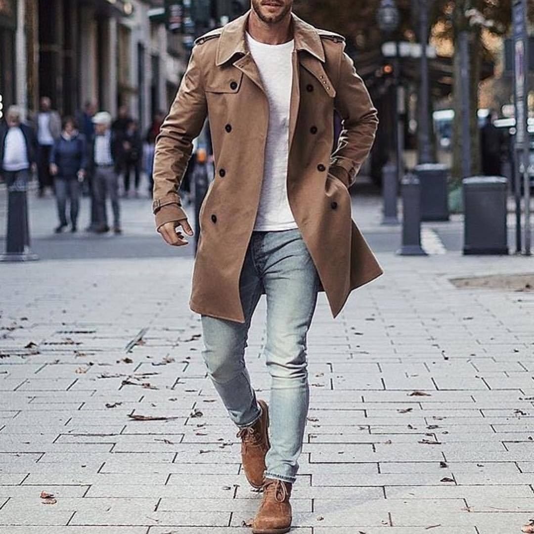 Trench coat style men, double breasted, street fashion, casual wear, trench coat, pea coat, t shirt: Trench coat,  T-Shirt Outfit,  Pea coat,  Street Style,  Travel Outfits,  Brown Outfit,  Wool Coat,  Duffel coat,  Burberry Trench  