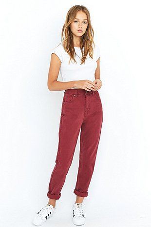 Bdg oxblood red mom jeans: Mom jeans,  fashion model,  Urban Outfitters,  Maroon And White Outfit,  Corduroy Pant Outfits  