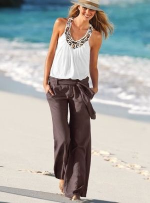 Ropa casual para playa mujer | Linen Pant Outfits | Brown And White Outfit,  fashion model, Linen Pants