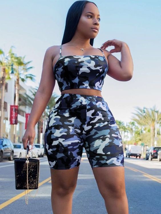 Adjustable Strap Crop Top With Camo Two Piece Sets: Shorts Outfit,  Bralette Crop Top  