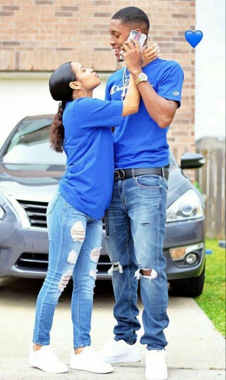 You and your bae could totally twin too in these blue matching outfits!: couple goal,  automotive lighting,  Couple costume,  Motor vehicle,  Black Couple  