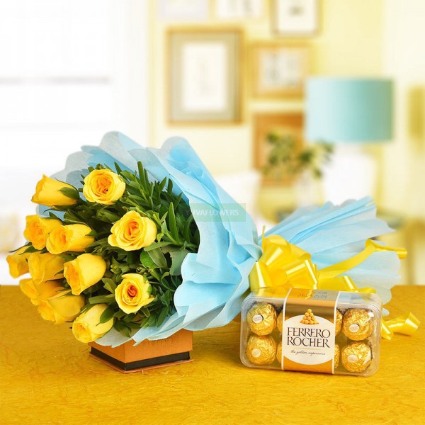 Dozen Yellow Roses with Rocher: 