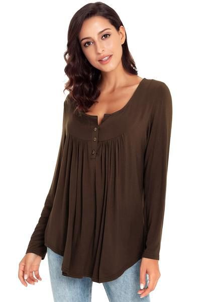 Brown Long Sleeves Flowy Henley Tunic Top | Summer Outfit Ideas 2020 ...