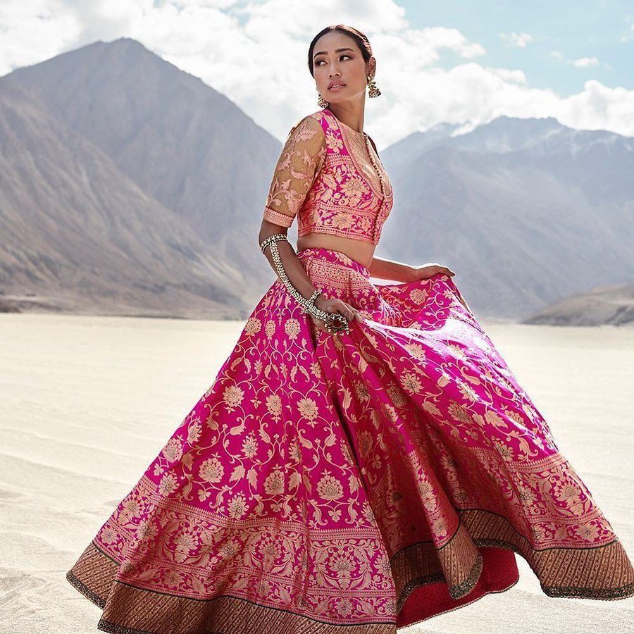 Banarasi lehenga designs for bride: Wedding dress,  fashion model,  Formal wear,  Magenta And Maroon Outfit,  Banarasi Sari,  Mehdi Outfits,  Ghagra Choli  