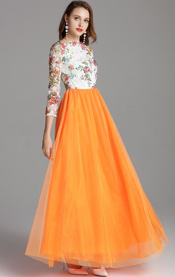 Newest Long Sleeve Orange Long Prom Dresses