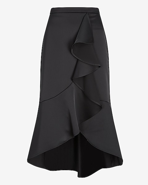 High Waisted Satin Ruffle Front Midi Skirt | Express | Skirts