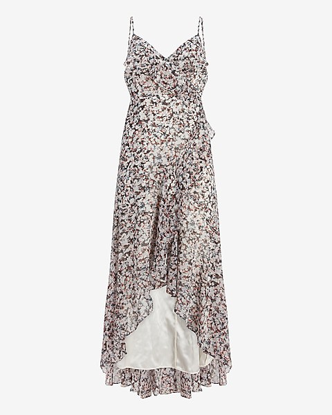 Printed Ruffle Wrap Front Maxi Dress | Express | Dresses