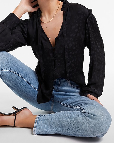 Ruffle Tie Neck Puff Sleeve Shirt | Express: 