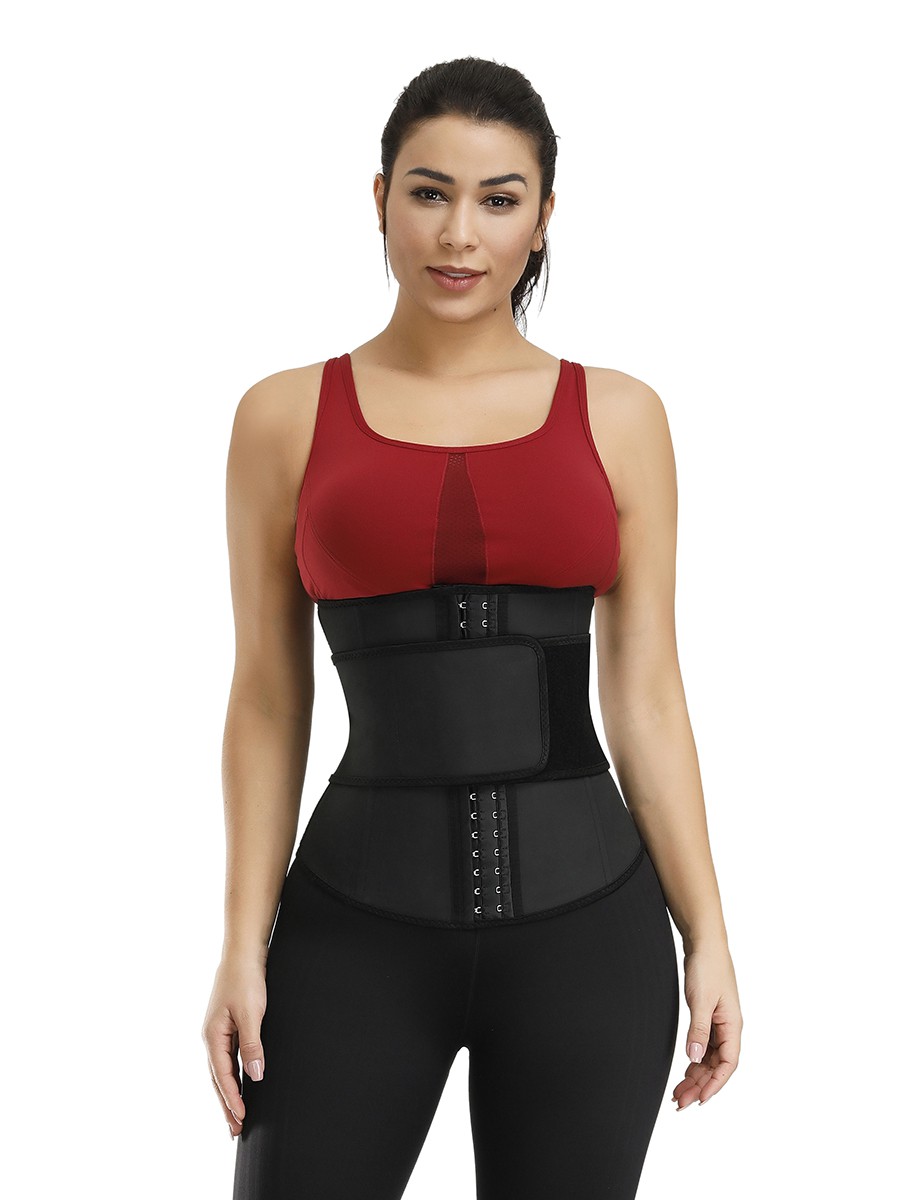 Black 3 Rows Hooks Latex Waist Cincher Belt Tummy Training: 