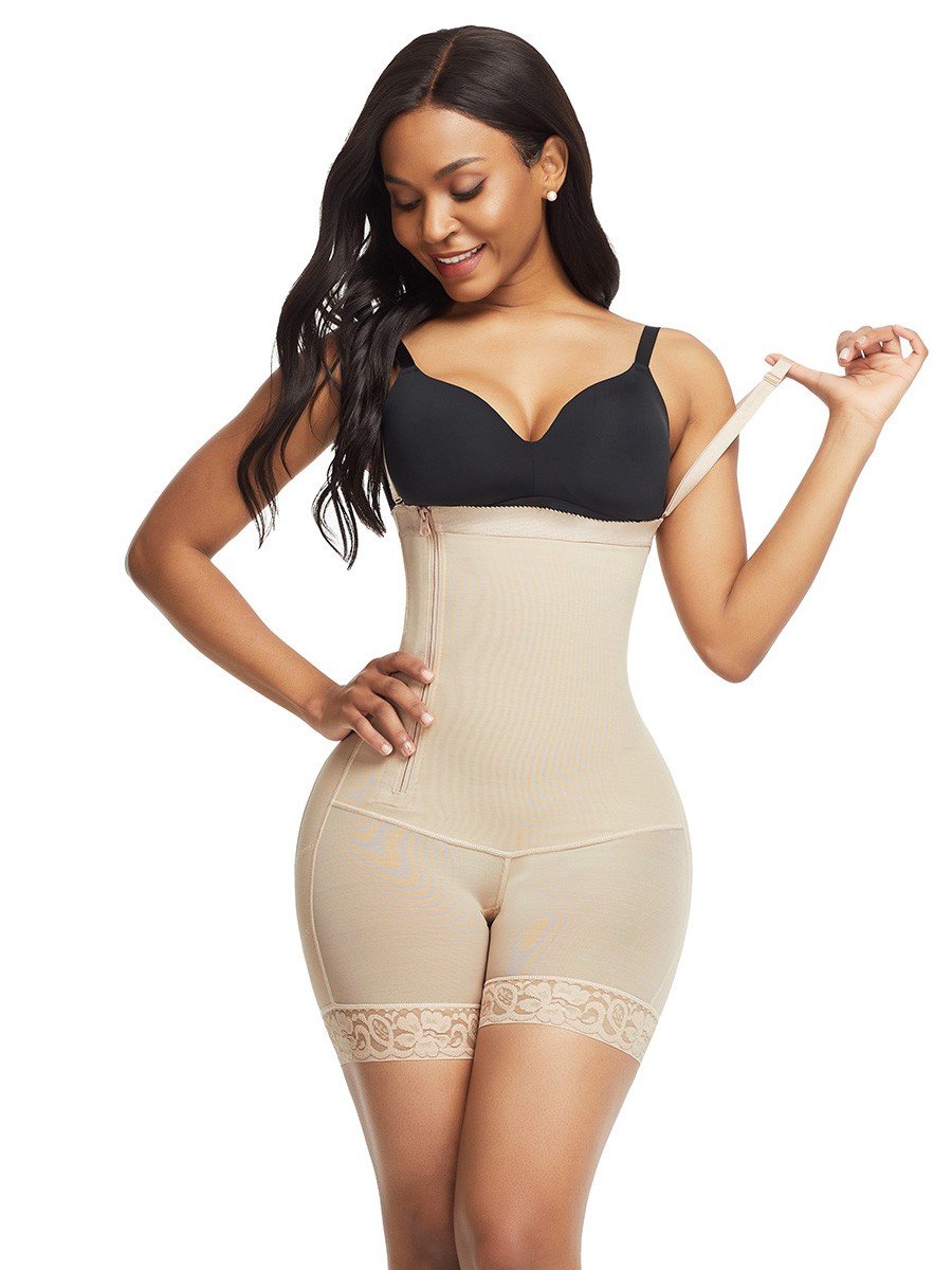 Skin Color Underbust Shapewear With Zipper Lace Trim Breathable: 