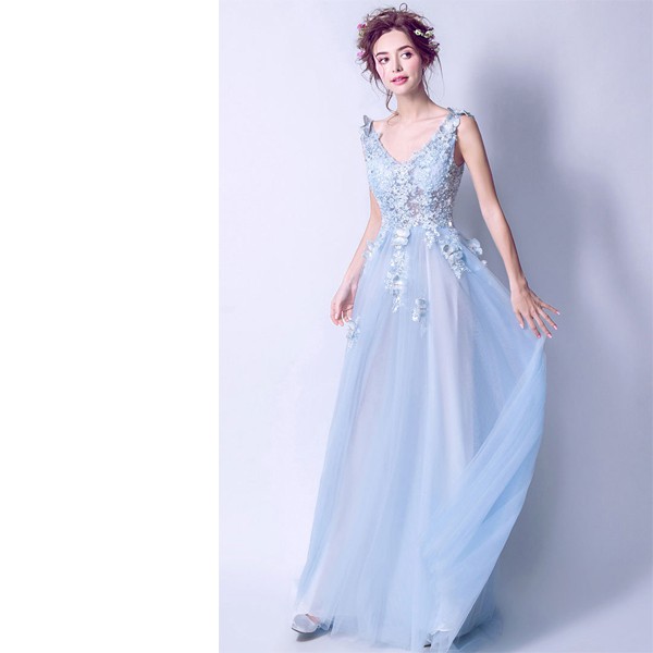 V Neck Blue Prom Dresses Online UK Sleeveless Long Evening Gowns