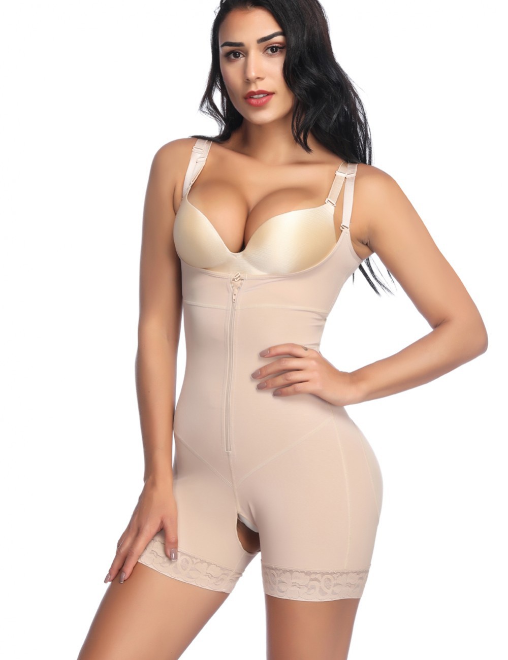 Elastic Beige Boyleg Body Shaper Adjustable Straps Fat Burning: 