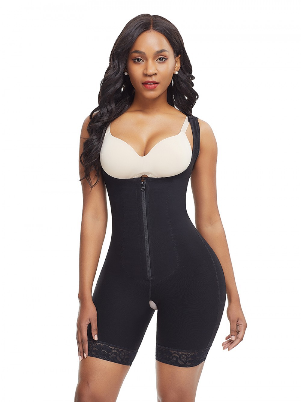 Black Plus Size Underbust Bodysuit Shapewear With Zipper Tight: 