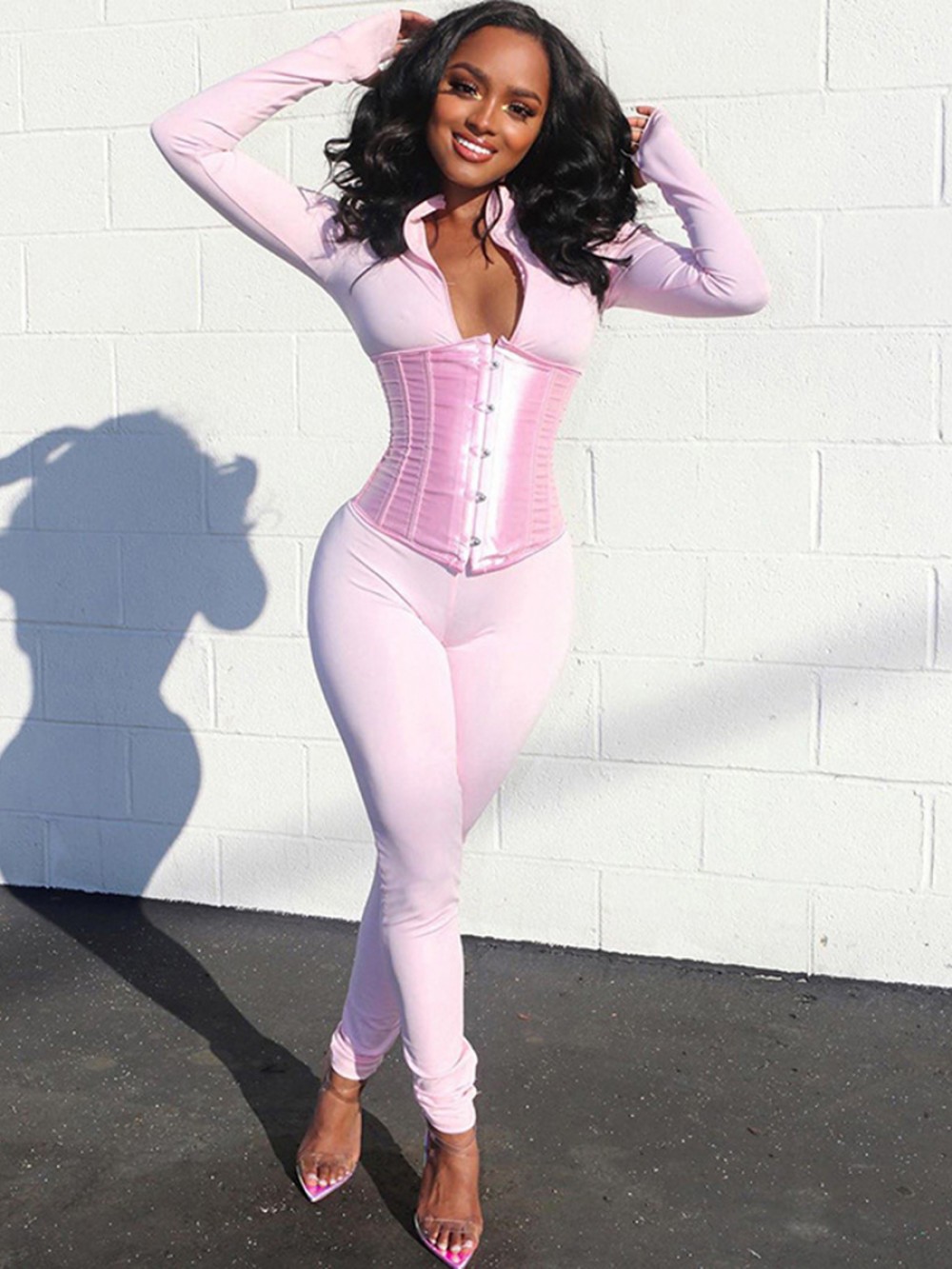 Pink Jumpsuit Corset Suit Zip Neck With Thumbhole Stunning Style