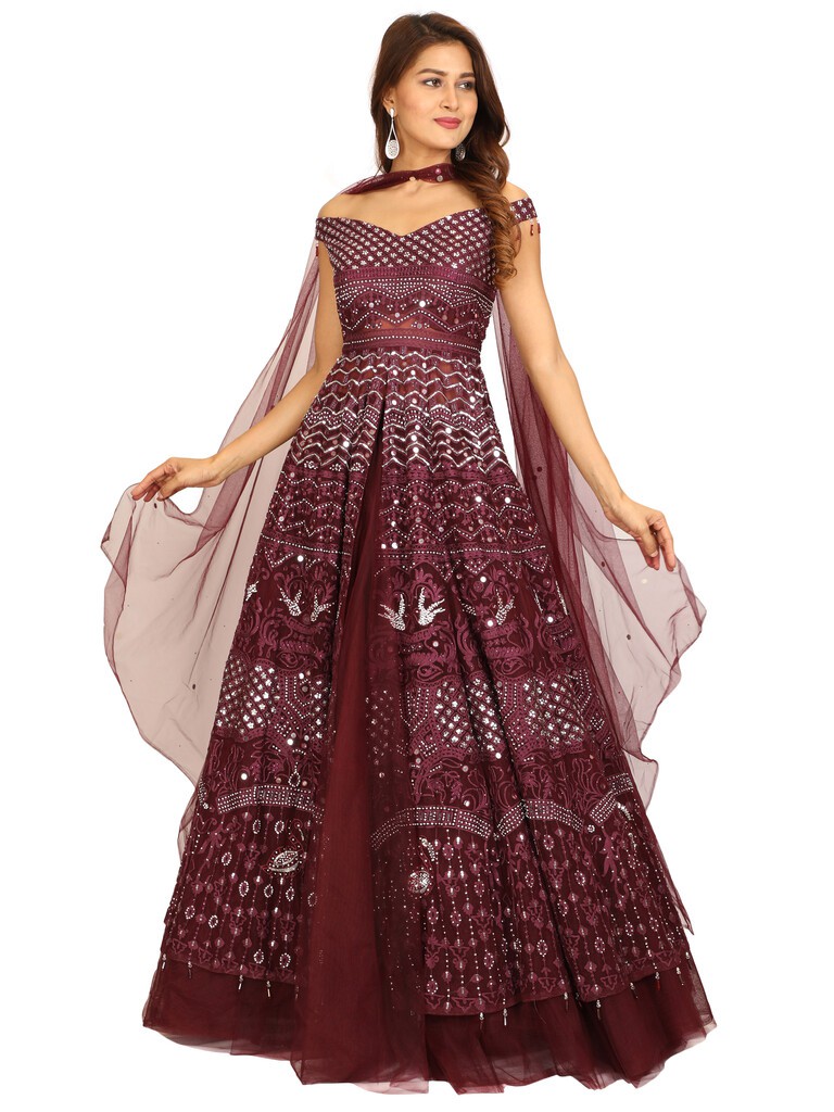 Wine Designer Lehenga In Net With Mirror And Thread Work