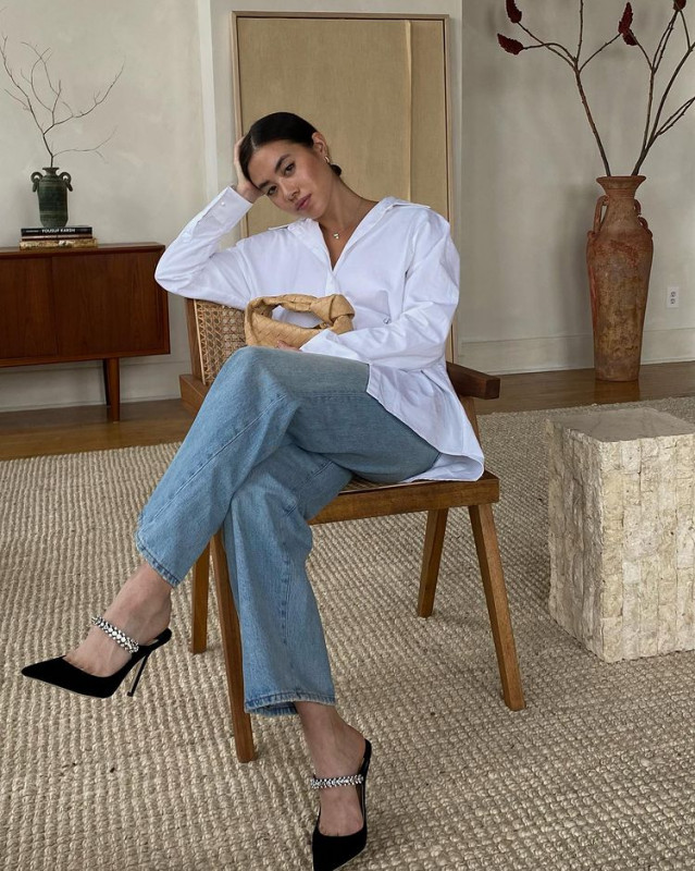 White Shirt To Wear With Faded Denim: high heels,  blue jeans outfit  